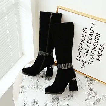 

Women Flock Knee High Boots Square 9cm High Heel Fashion Platform Boots Crystal Zipper Autumn Winter Boots Female Shoes 2019 New