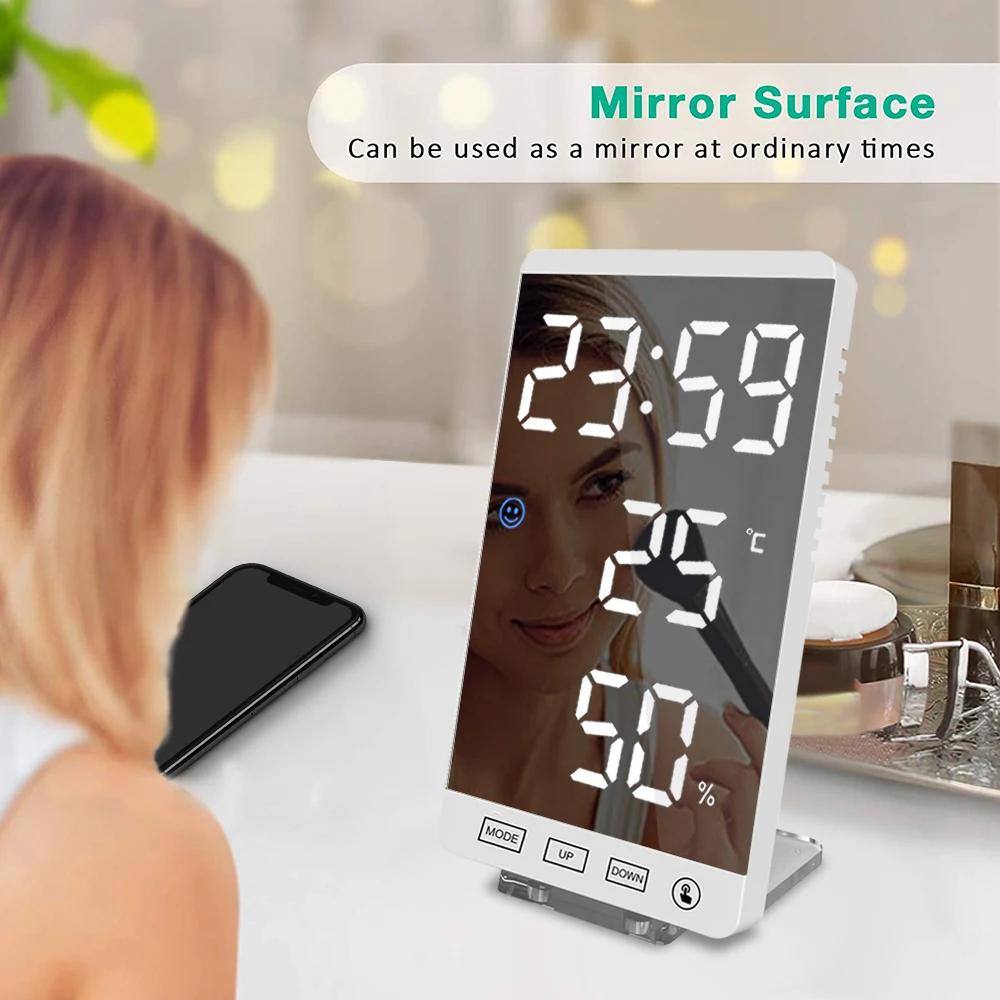 Reloj Digital de pared con botón táctil, pantalla de humedad y temperatura, Despertador con efecto espejo y luz LED, 6 pulgadas, puerto de salida USB, reloj de mesa