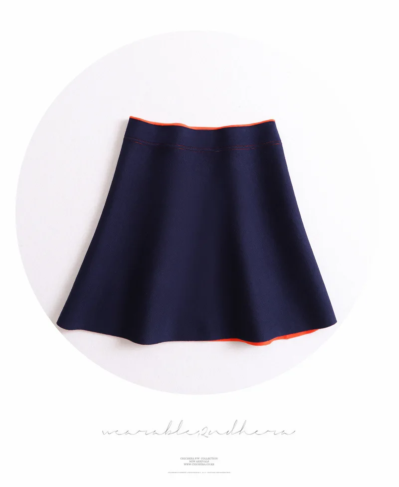 navy blue and orange Зимняя Гибкая эластичная мини-юбка трапециевидной формы с высокой талией, теплая трикотажная юбка для женщин, красные, синие, черные юбки для женщин, saia saias - Цвет: navy blue and orange