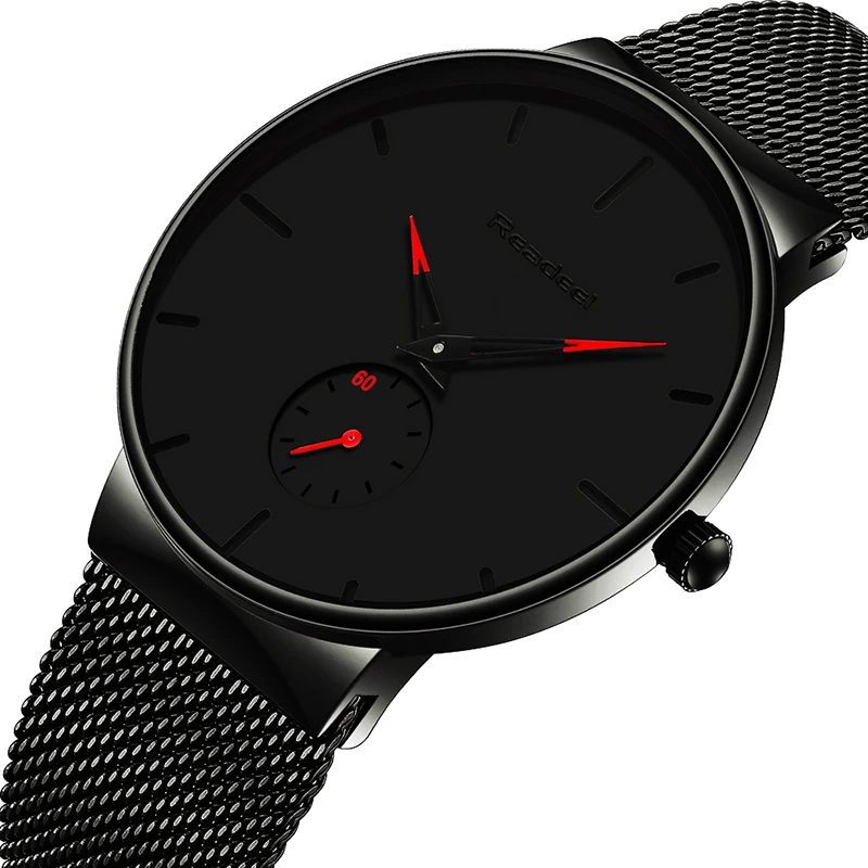 Black Red Reloj hombre READEEL Топ бренд класса люкс водонепроницаемые мужские часы ультра тонкие ручные часы мужские сетчатые ремешок повседневные кварцевые мужские часы - Цвет: Black Red