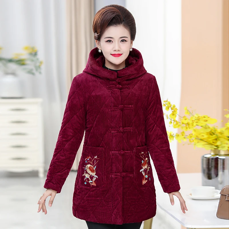 

Middle-aged Female Mother New Corduroy Fabric Embroidery Flowers Plus Velvet Thick Hooded Winter Long Coat Women's Winter Jacket