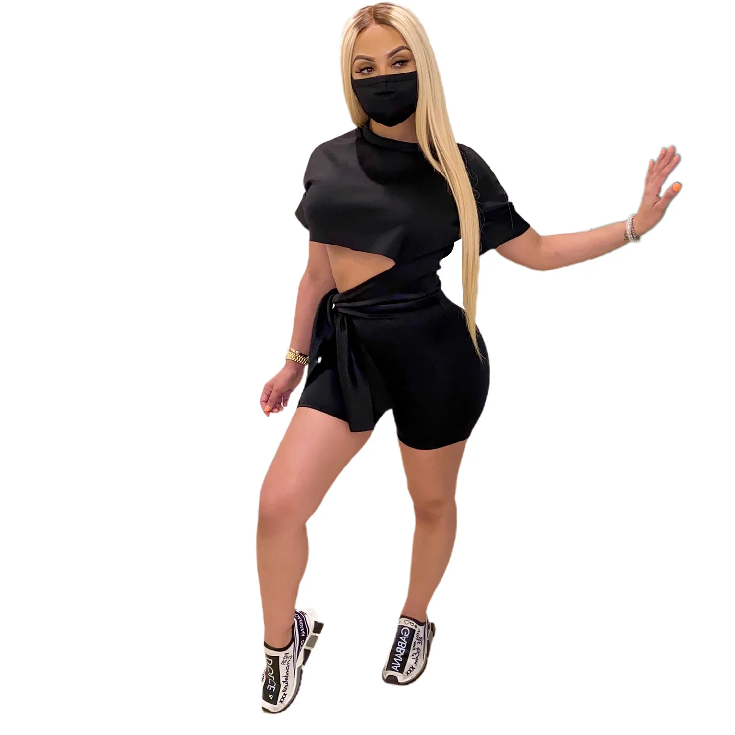 

Zoctuo Sexy O-Neck two piece set Solid two piece short set for women Summer Bandage Tracksuit Two Piece Outfit for Women Set
