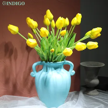 

INDIGO-(3 flowers+2 bud) Yellow Tulip Bouquet Real Touch Silicone Tulip High Quality Office Table Decoration Artificial Flower