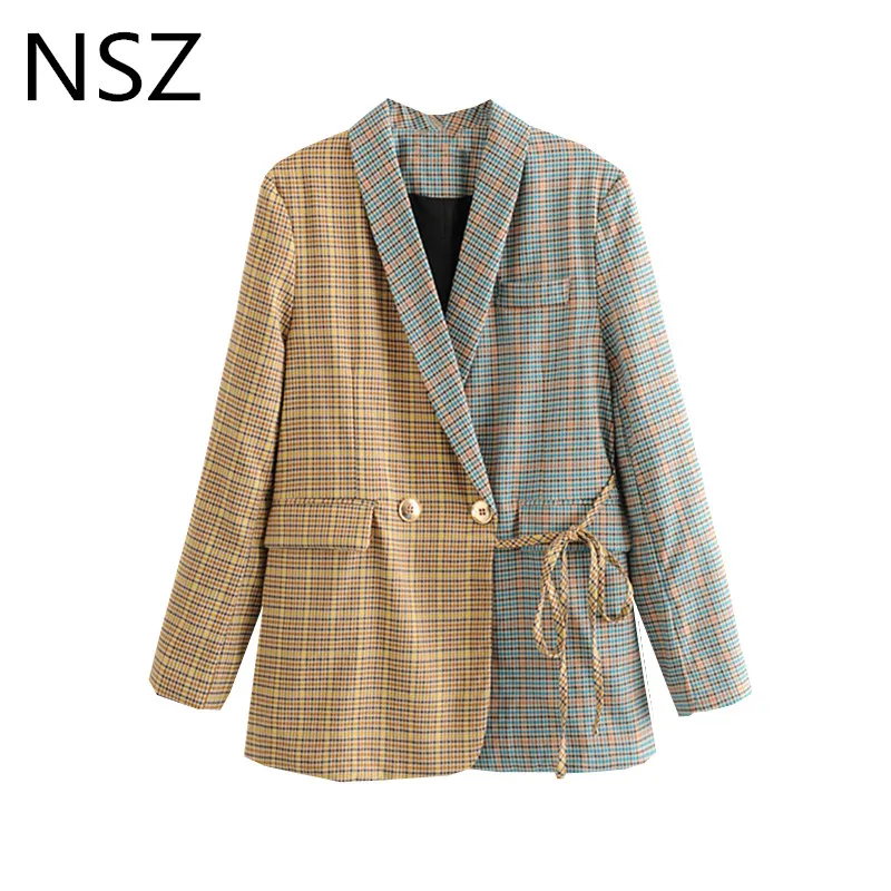 NSZ женский винтажный клетчатый Блейзер двубортный офисный бизнес Хаундстут Дамская куртка клетчатое пальто элегантная верхняя одежда