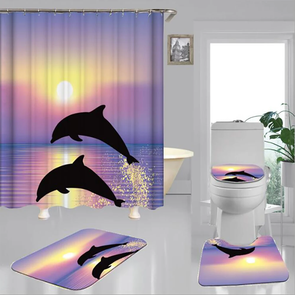 

Bathroom Set with Shower Curtain 4 Piece Carpet Cover Toilet Cover Bath Mat Pad Set Bathroom Curtain with Hooks