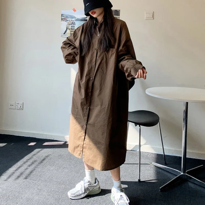 

LANMREM 2020 new spring full sleeves lantern styles single breasted loose big size cotton shirt dress plus women WK83704