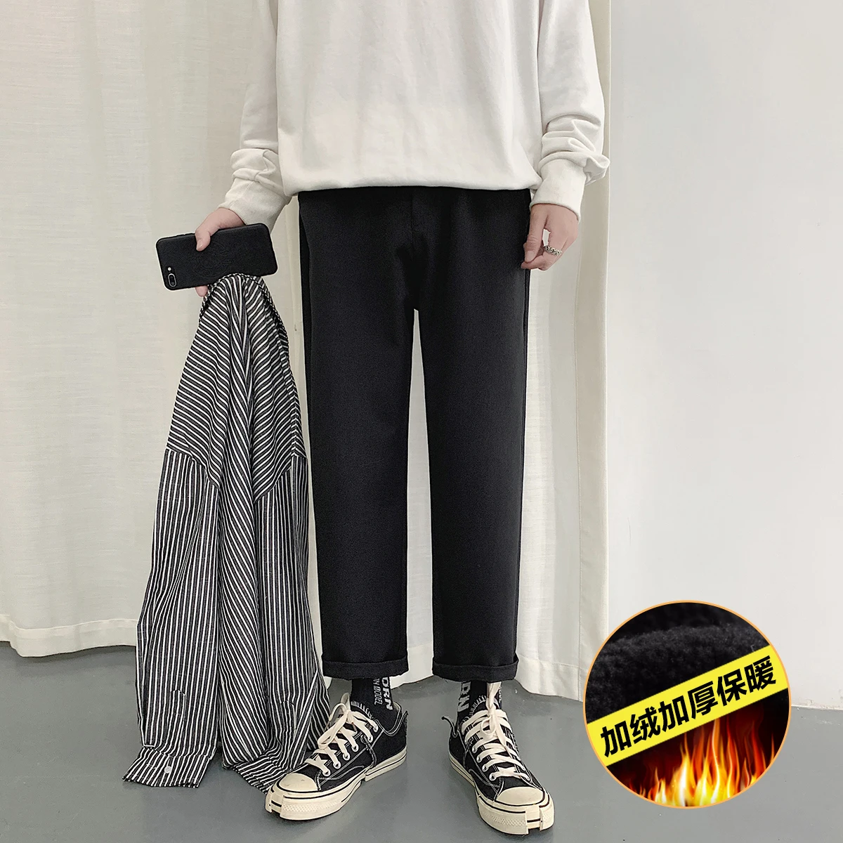 Black add velvet Зимние мужские брюки для отдыха, мужские свободные утепленные бархатные теплые штаны-шаровары, формальные хлопковые повседневные штаны M-5XL - Цвет: Black add velvet