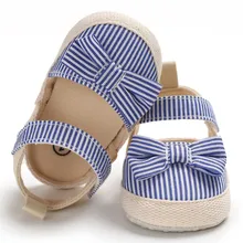 Одежда высшего качества из плотной ткани для маленьких для девочек сандалии детские цвет: черный, синий в полоску; цвет розовый; обувь для девочек ясельного возраста, милый, галстук-бабочка, Мягкая обувь детские сандалии