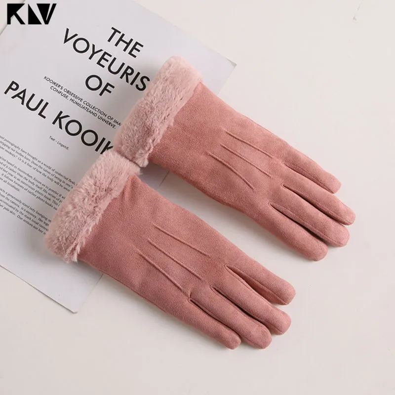 Women Girls Autumn Winter Touchscreen Gloves Solid Color Plush Cuff Thermal Thick Lining Suede Mittens Driving Ski Wrist Warmer