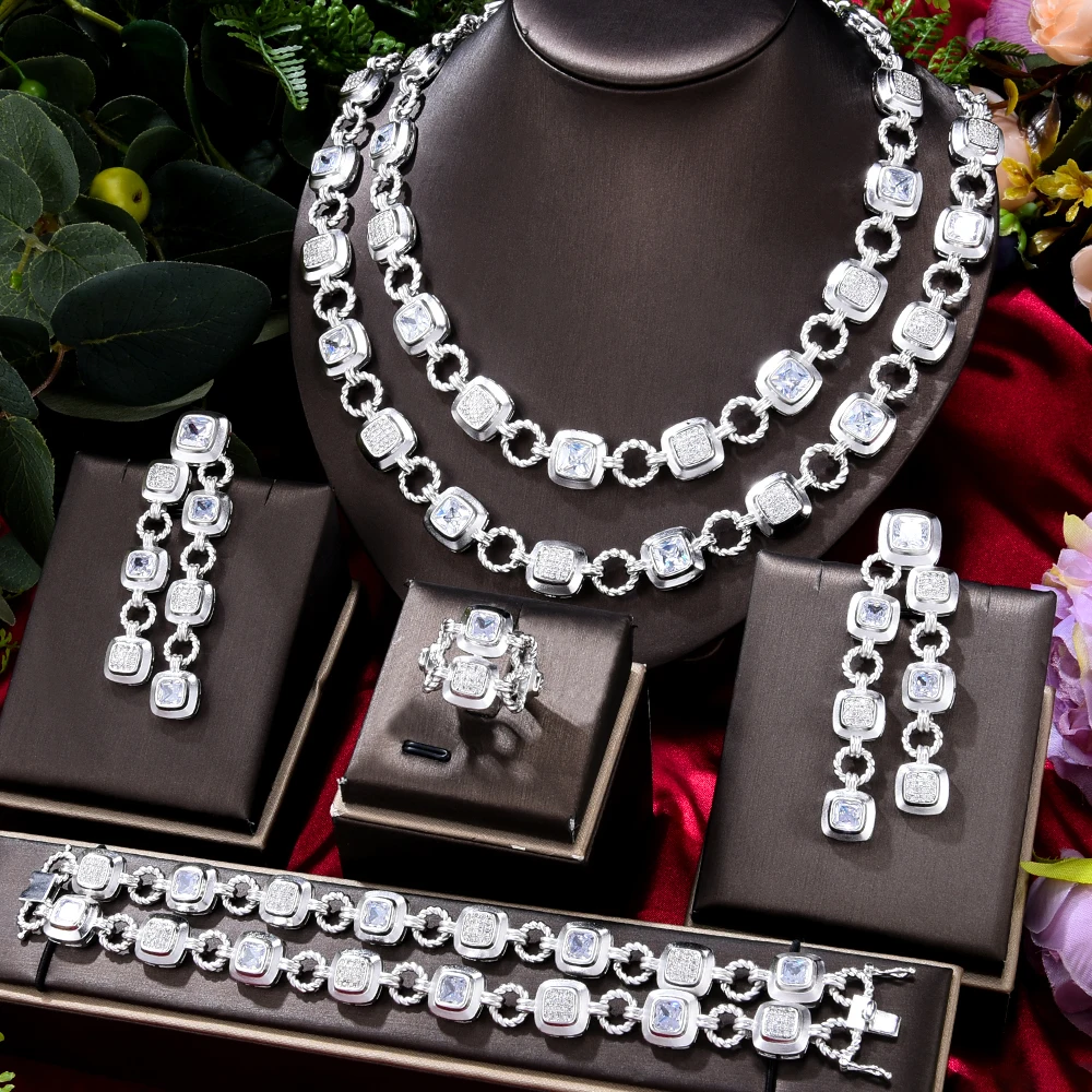 KellyBola Gorgeous Custom Geometric Chain Necklace Bracelet Ring Earring 4PCS Women's Wedding Party Boutique Zircon Jewelry Set