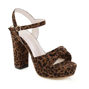 

2020 Summer Leather Leopard Print Thick Heel Sexy Super High Heels Platform Sandals Women's Shoes
