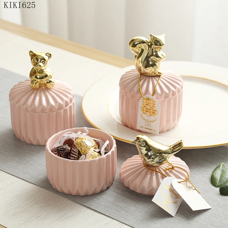 Nordic Golden Animal Ceramic Storage Jar Wedding Holiday Chocolate Candy Jar Dressing Table Jewelry Storage Box Home Decoration ceramic storage jar jewelry tray