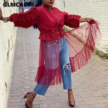 

Women Cascading Ruffle Design Long Sleeve Mesh Splicing Blouse Lantern Sleeve Street Wear Spring Fall Chic Top Shirt