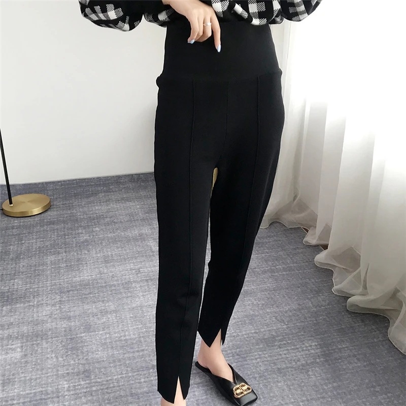 

women Pants High Wasit Split Kintted Slim Fit Trousers Good Elastic Bottom Elegant Bodycon Pencil Pants Casual High Version