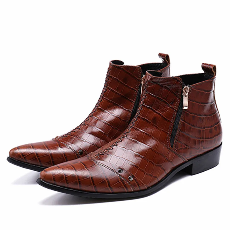Fashion Men Dress Shoes Genuine Leather Rivets Studded Ankle Boots Pointed Toe Men's Double Zipper Military Cowboy Boot | Обувь