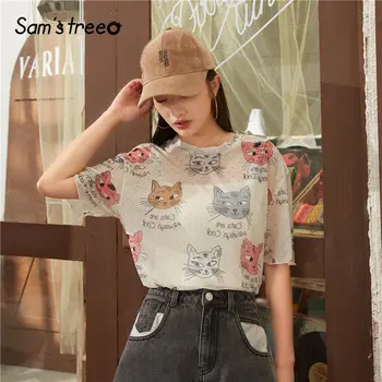 

SAM'S TREE White Cat Print Casual Women Transparent T-Shirts 2020 Spring New Half Sleeve Korean Ladies Daily Cute Thin Tops