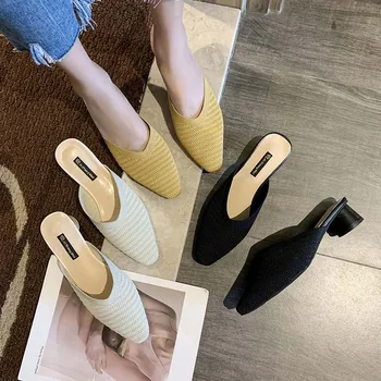 

Shoes Woman's Slippers Med Square heel Slides Cover Toe Fashion 2020 Soft Block Luxury Pointed Rome Cotton Fabric PU Rubber
