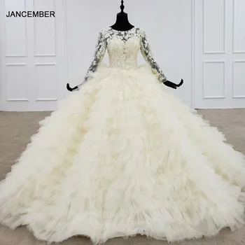 شراءفستان زفاف HTL1202 2020 جديد فاخر بأربطة من الخلف متدرج فستان زفاف مزين بأكمام طويلة Vestido Novia Sirena Encaje