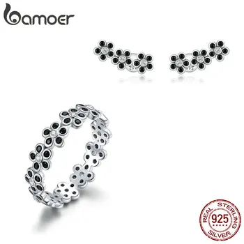 

bamoer Black CZ Stone Flower Jewelry Sets Stud Earrings and Finger Rings for Women Fine Statement Jewelry 2020 Bijoux ZHS202