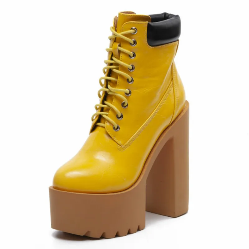 

High Block Heel Chunky Ankle Boots Women Patent Leather Yellow High Platform Thick Buttom Runway Martin Boots Winter Shoes P387