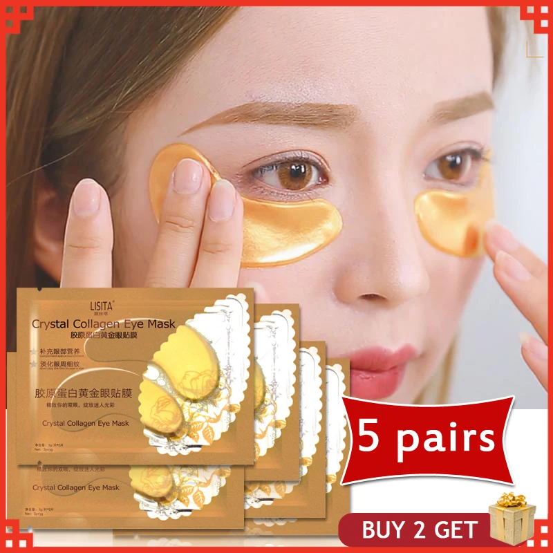 

10Pcs=5Pair 24K Gold Crystal Collagen Eye Mask Dark Circles Remove Eye Patches For Eye Care Bags Remove Anti-Aging Wrinkle