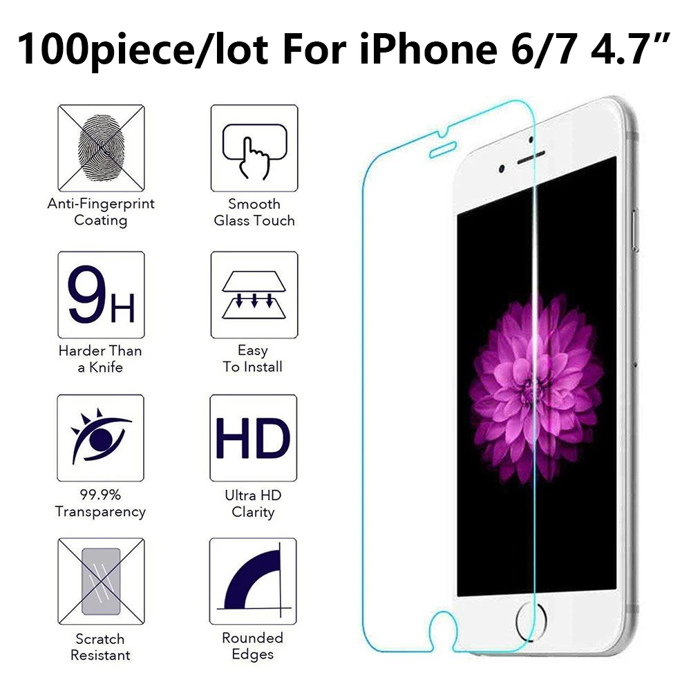 

100Pcs/Lot 2.5D 9H Tempered Glass for iPhone For iPhone 5 5s SE Screen Protector for iPhone 6 7G 8G Glass Protector