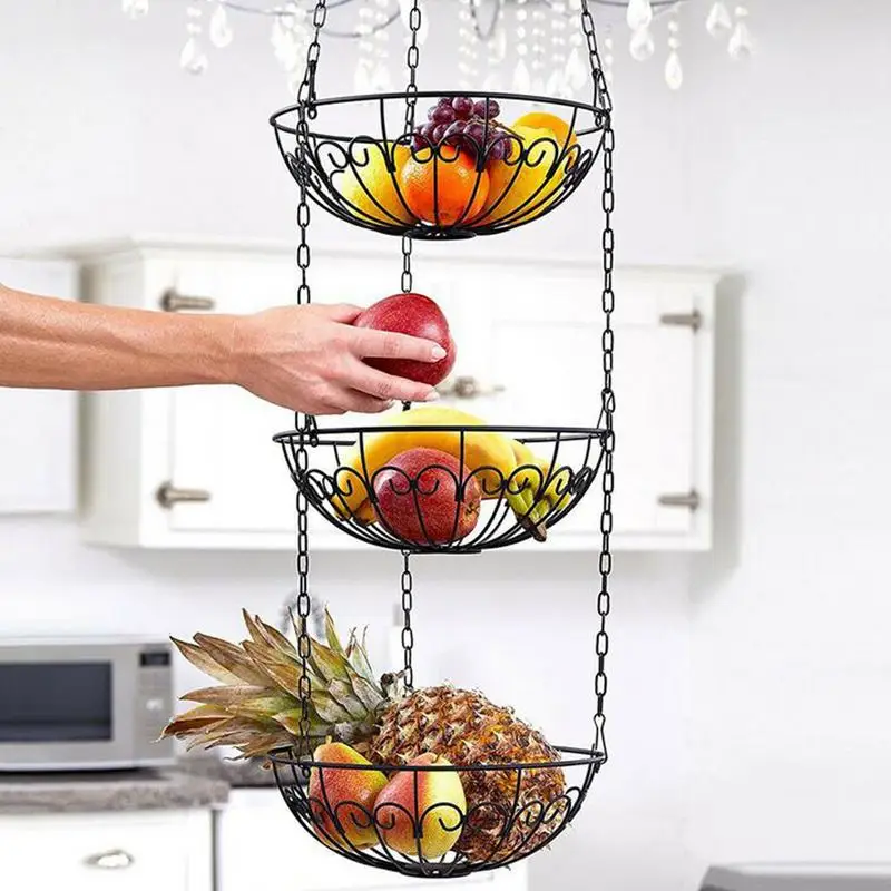 

Hot Sale European Style Storage Basket Racks 3-Tier Hanging Kitchen Vegetable Fruit Storage Basket Rack With Iron Chain
