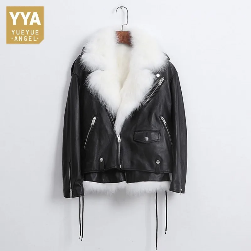 

New Luxury Design 2 Pieces Real Fur Sheepskin Jacket Womens Winter Fashion Lapel Real Fox Fur Liner Genuine Leather Biker Jacket