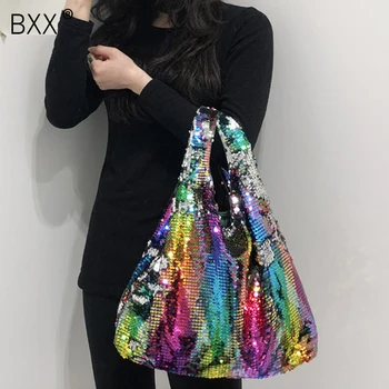 

[BXX] 2020 Spring Woman Personality Multicolor Spliced Sequined Large Capacity Double Straped Travel Handbag All Match LI621