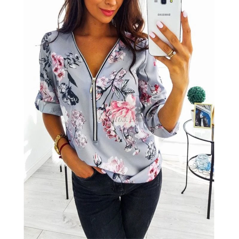 Tops Blouse Shirts Long-Sleeve Zipper Floral-Print Plus-Size Womens V-Neck Loose Casual