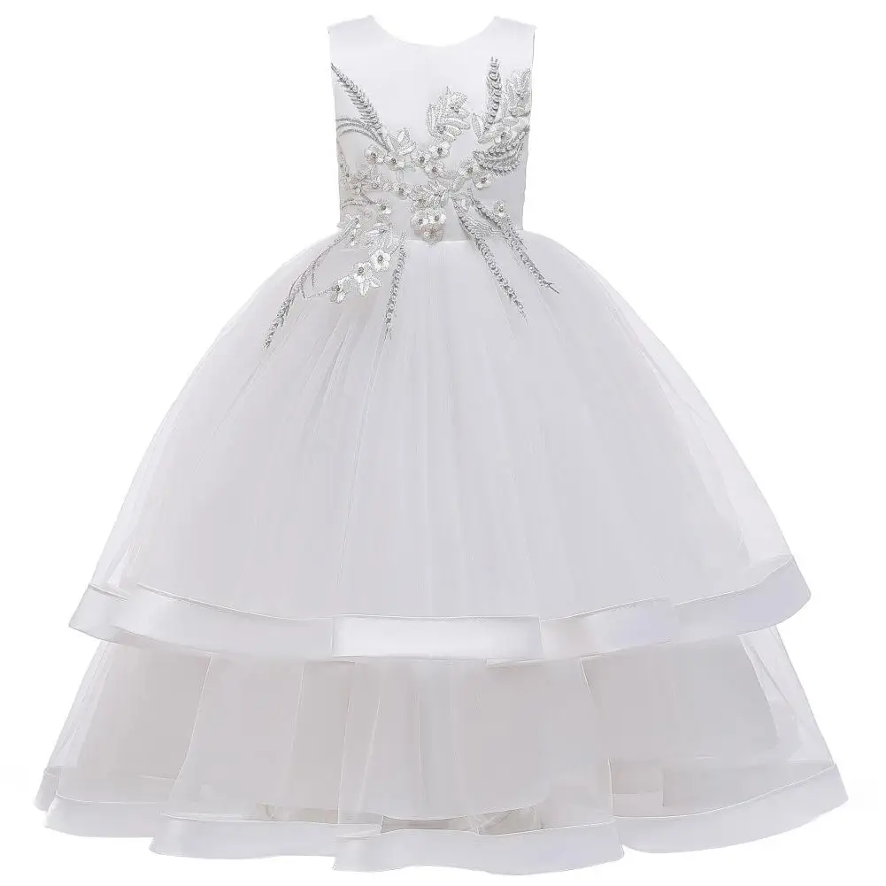 Spring autumn Elegant Children Girls Appliques Flowers Model Show Performance Dress Kids Teens Birthday Wedding Party Dress - Цвет: white