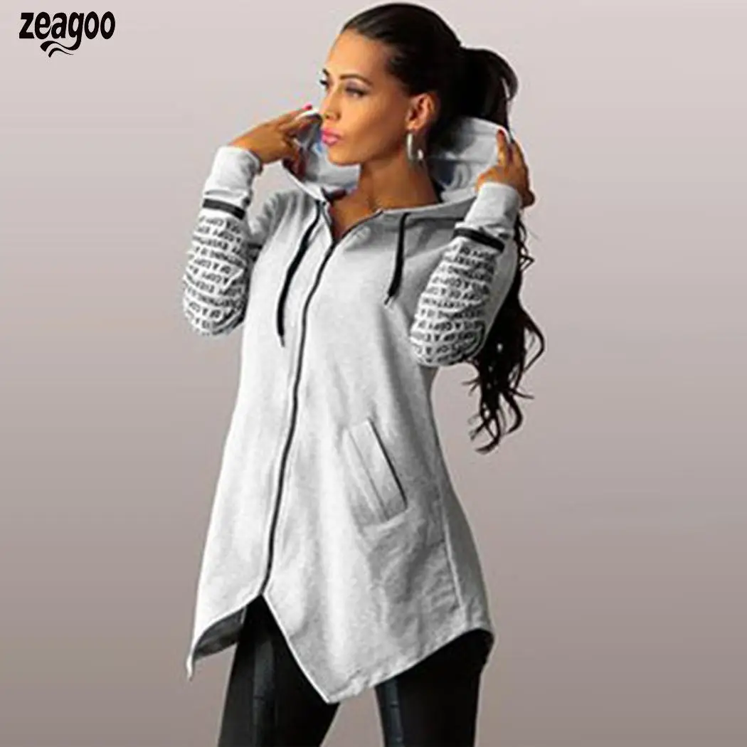 Fashion Women Hooded Letter Print Zip Up Asymmetrical Hem Sweatshirt Hoodie photo