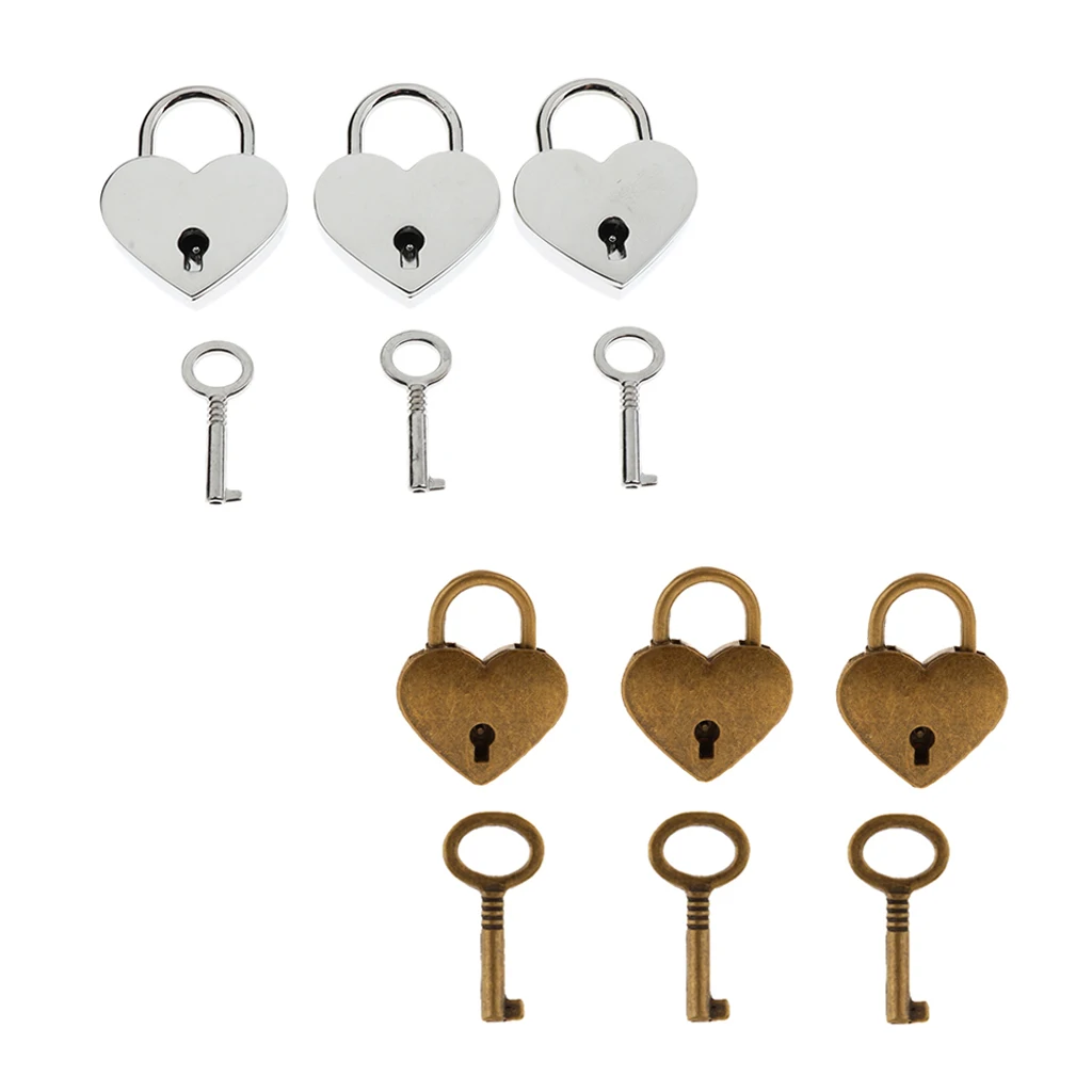 6x Mini Heart Shape Padlock With 6 Keys Suitcase Lock Silver&Antique Brass M