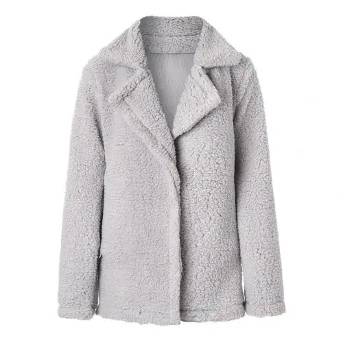 Light Gray Сплошной цвет плюшевый лацкан с длинным рукавом Женская Осень Зима Теплый кардиган пальто куртка - Цвет: Light Gray