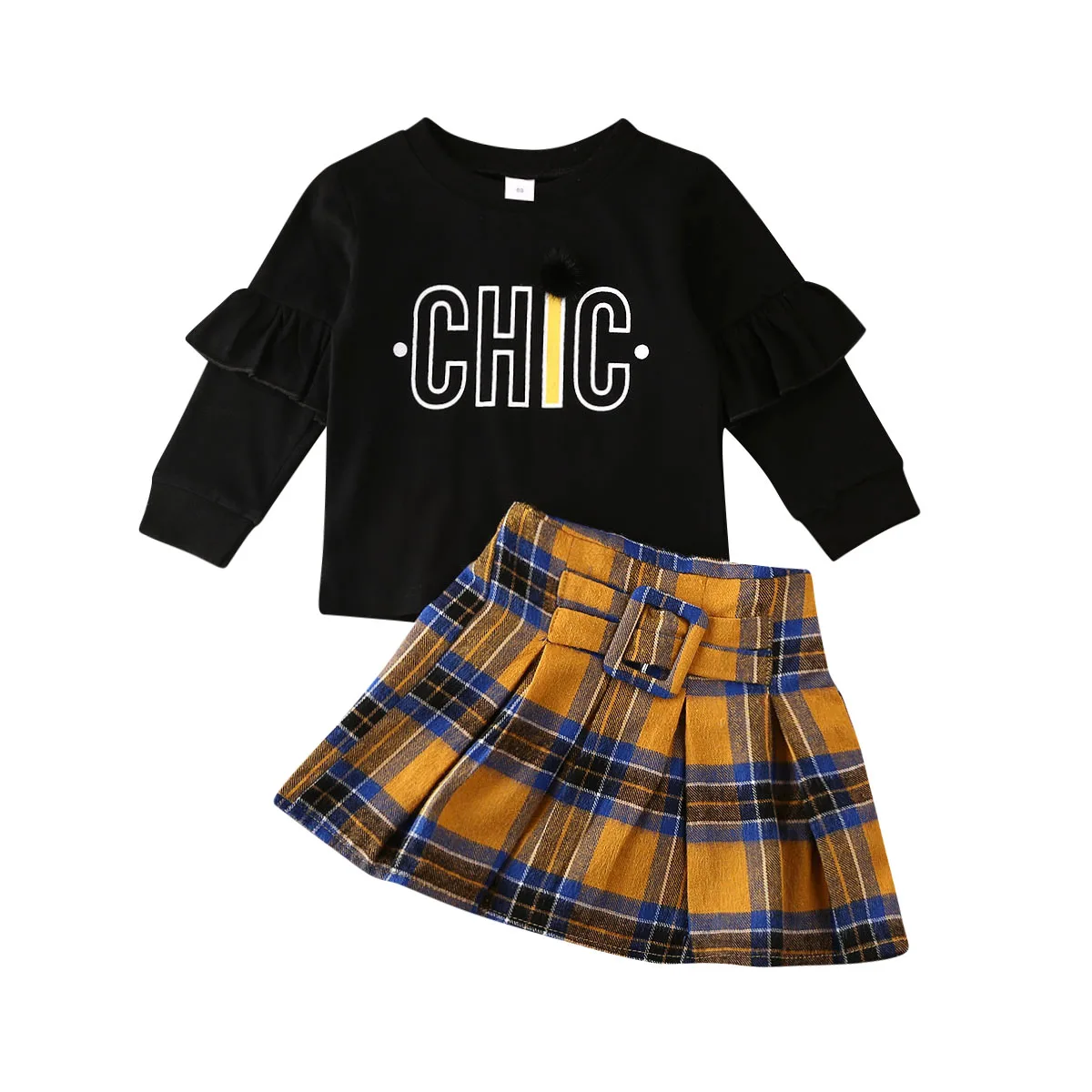 Комплект из 2 предметов для маленьких девочек, корейский стиль, длинный рукав, черный свитер, топы+ желтая клетчатая мини-юбка платье, комплект одежды