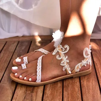 

Women Summer Open Toe Comfy Sandals White 3D Floral Appliques Super Soft Flat Beach Walking Sandals Women Shoes Plus Size