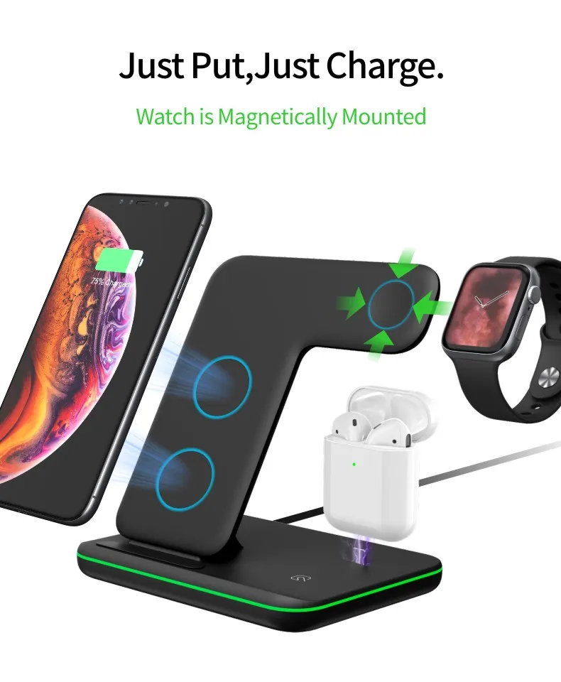 3 in 1 Wireless Charger 15W Fast Work Stand Applicable for Apple Mobile Phone Watch Android Headphones China for iPhone XR