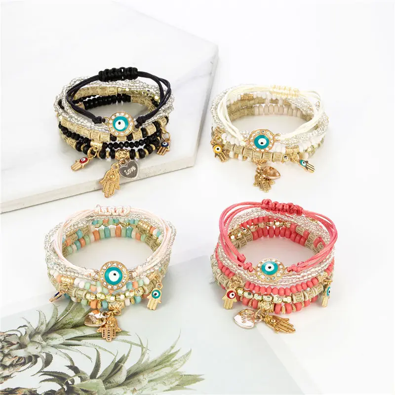 6 Pcs/Set Beads Strand Fatima Hand Charm Bracelet Set for Women Love Heart Hamsa Hand Jewelry Bohemia Braclets for Women