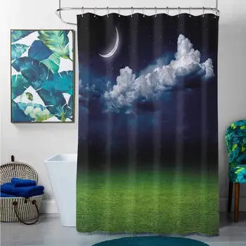 

Shower Curtains for Bathroom Washable Night,Green Grass Landscape and Fluffy White Clouds Mystical Idyllic Lunar View, Green