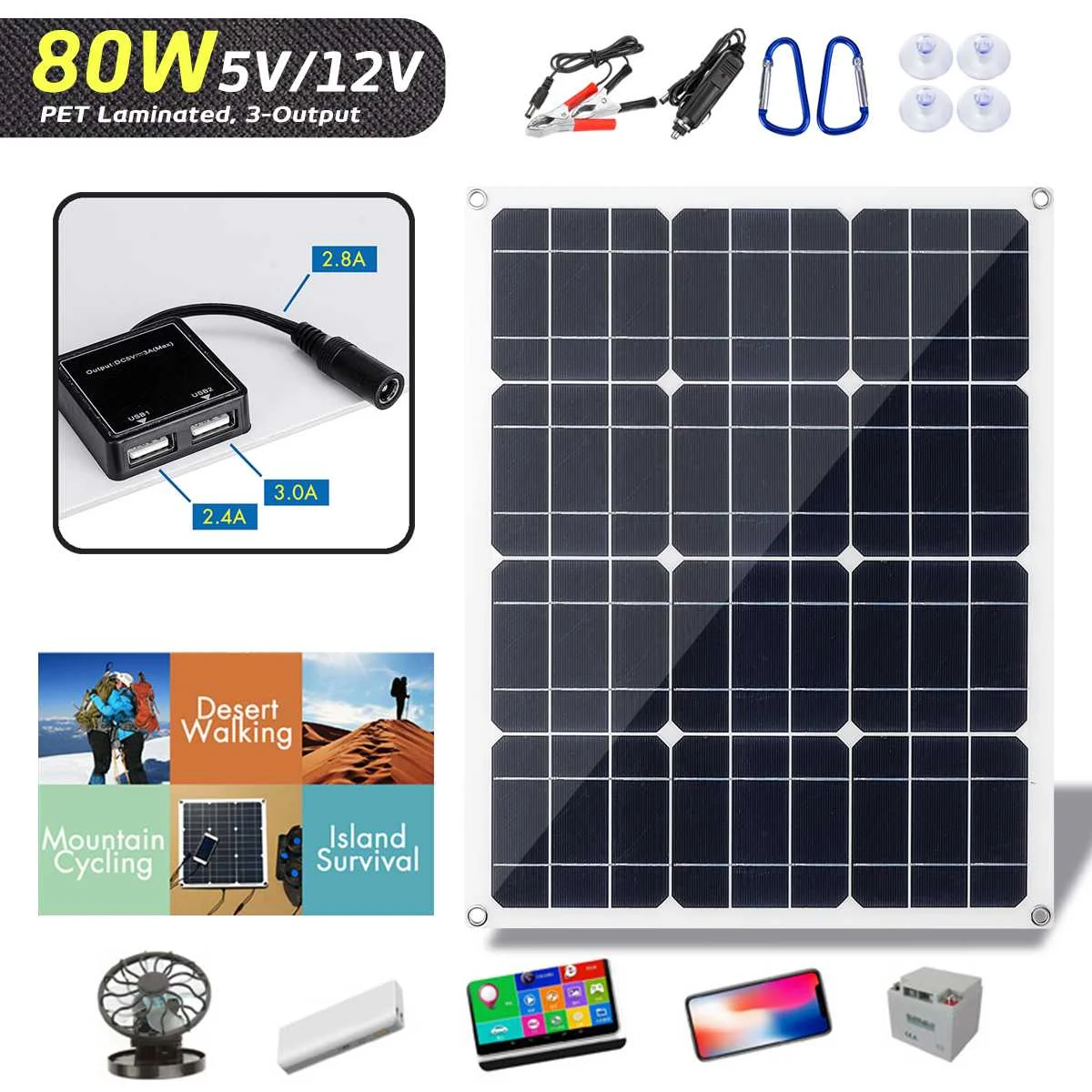 

Solar Panel 80W 18V Dual 12V/5V DC double USB solar cell Solar System Solar Charger/Battery for Car Rood Marine Outdoor Charger