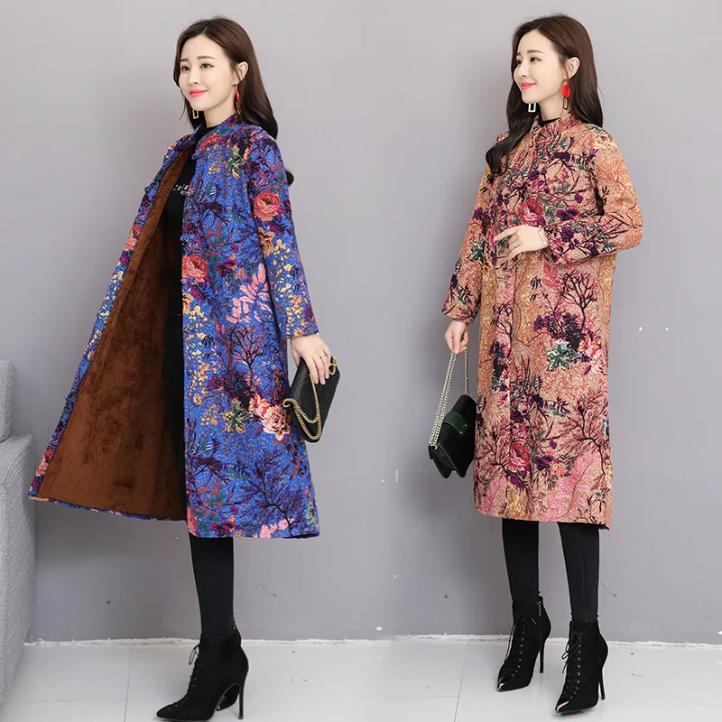Photo Shoot Autumn And Winter New Style Large Size Retro National Style Printed Cotton Linen Brushed And Thick Frog Hat Overcoat