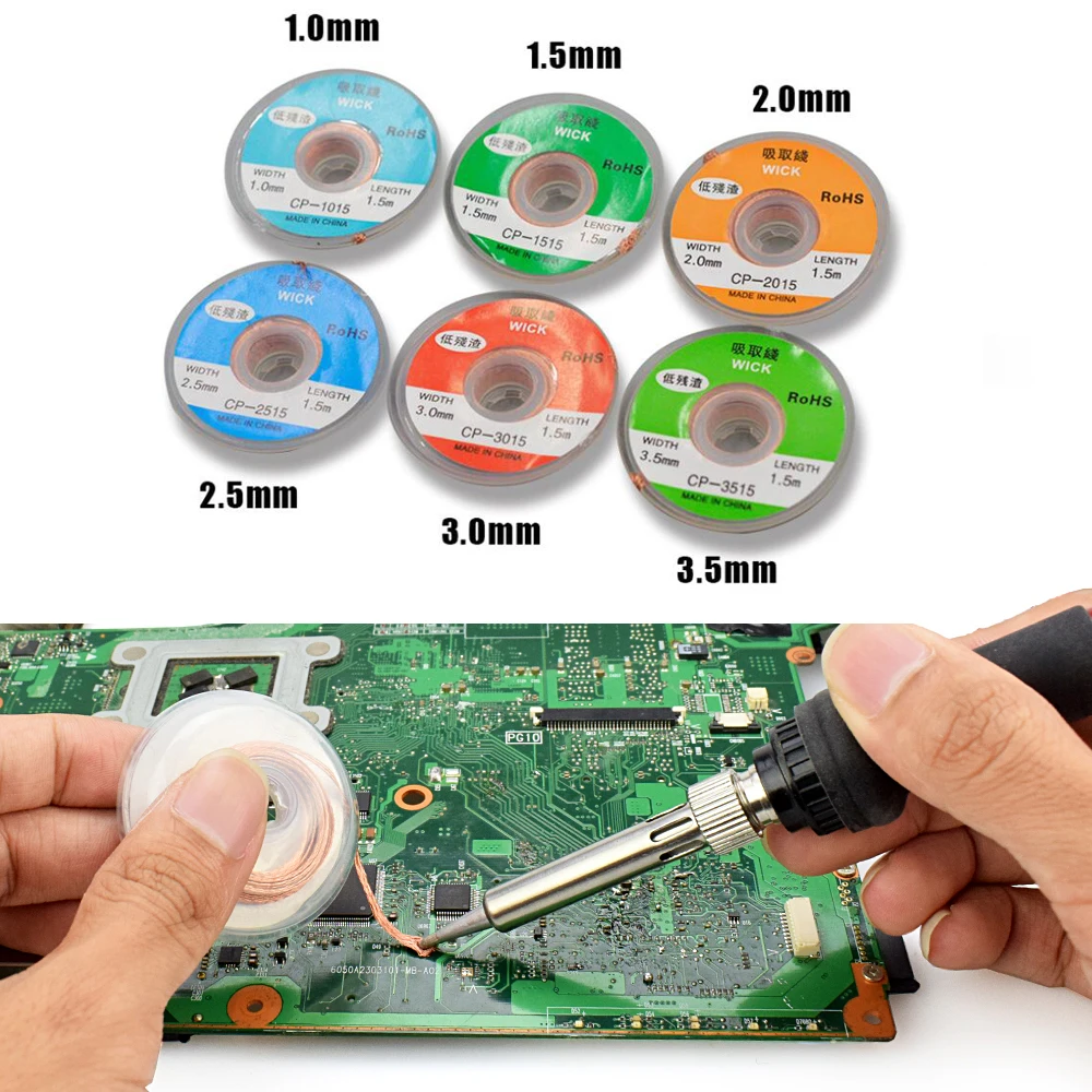 1mm 1,5mm 2mm 2,5mm 3mm 3,5mm de ancho, 1,5 m de longitud de desoldadura trenzado soldadura mecha para removedor de plomo de alambre BGA Flujo de herramienta de la reparación