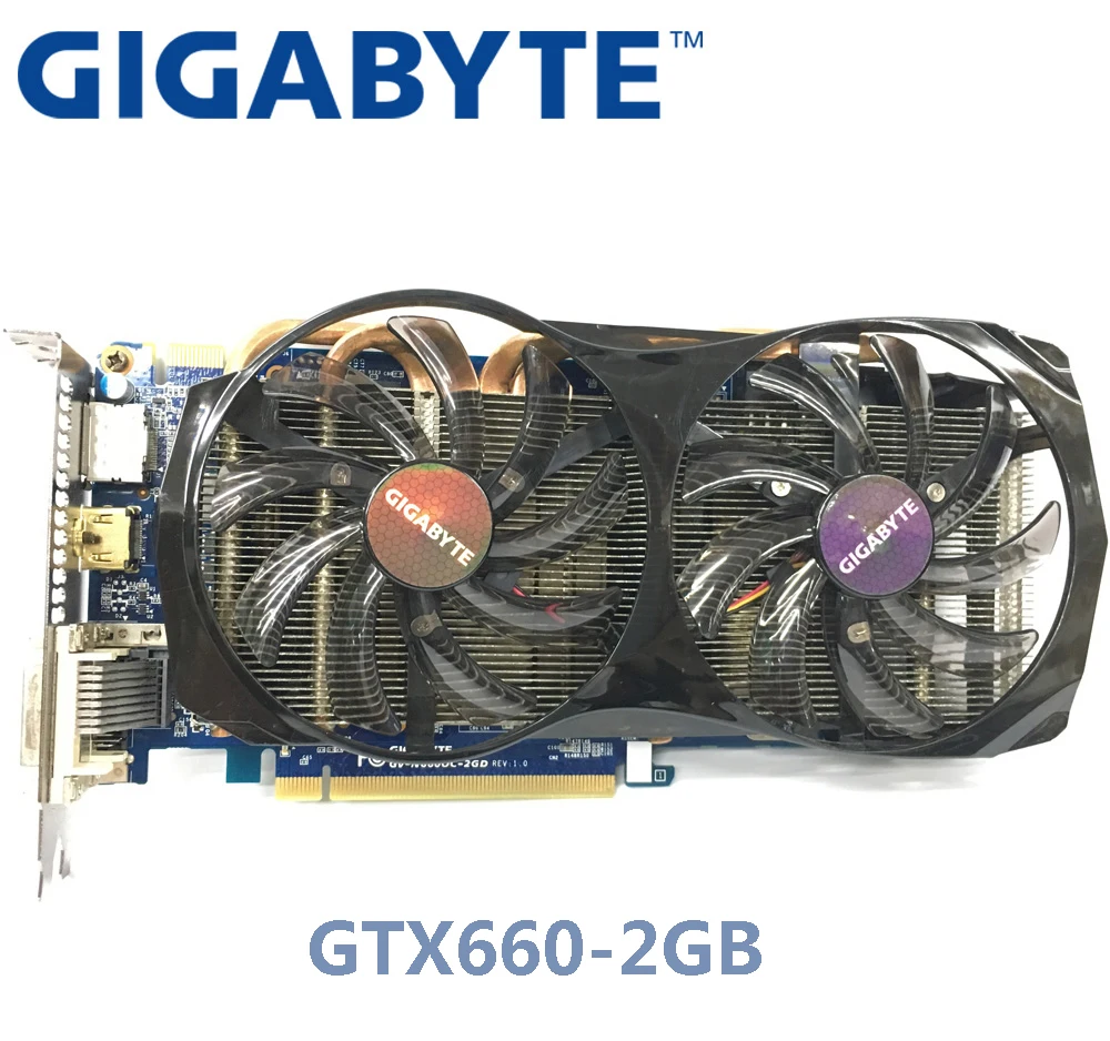 Бывшая в употреблении Видеокарта GIGABYTE NVIDIA GPU GTX 660 2G с двумя портами HDMI DVI поддержка