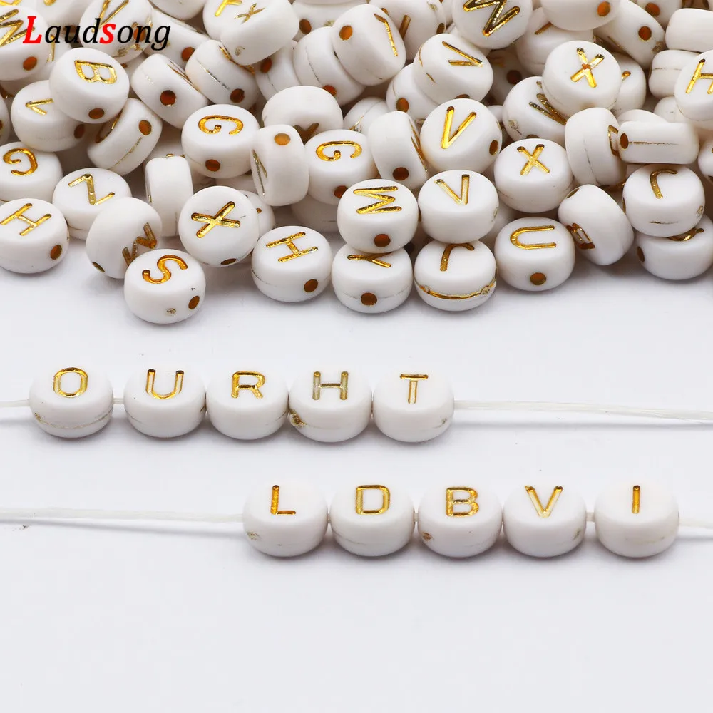 7mm White And Gold Mixed Letter Acrylic Beads Round Flat Alphabet Loose Beads For Jewelry Making Handmade Diy Bracelet Necklace