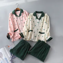 

Japanese New Style Spring and Autumn Ladies Cotton Washed Texture Crepe Double Gauze Cardigan Button Pajamas Home Service Women