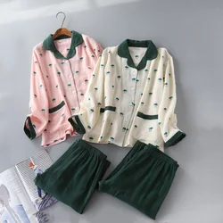 Japanese New Style Spring and Autumn Ladies Cotton Washed Texture Crepe Double Gauze Cardigan Button Pajamas Home Service Women