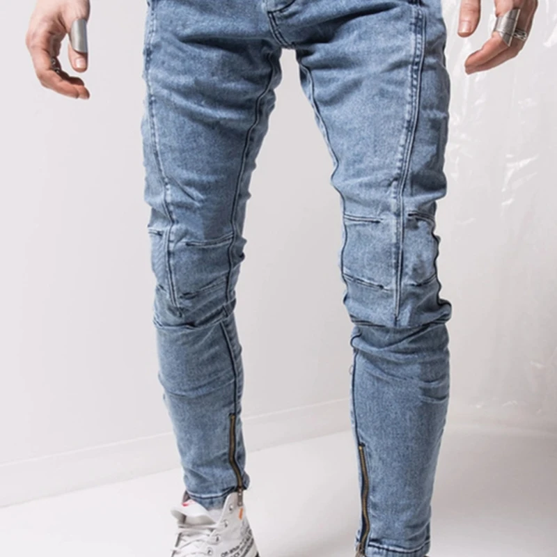 

Длинные брюки-карандаш, Стайлинг, черные, синие, на молнии для ног, для бега, мужские Стрейчевые джинсы, облегающие джинсы в стиле хип-хоп