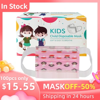 

50/100pcs Child Kids Disposable Face Masks 3 Layer Anti-Dust Pollution Masks Fabric Meltblown Dustproof Cartoon Dog Cat Mask