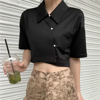 

Loose Irregular Women T Shirt Fashion New Women 2020 Spring Single Breast Black White Elegant Minority Style Crop Top DMY3876