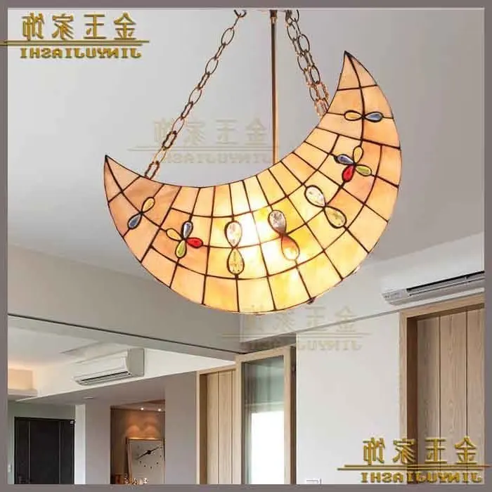 

Mediterranean Tiffany Shell Moon Shape Pendant Light Suspended Luminaire For Children Room Restaurant Decorated Lamp luminaria